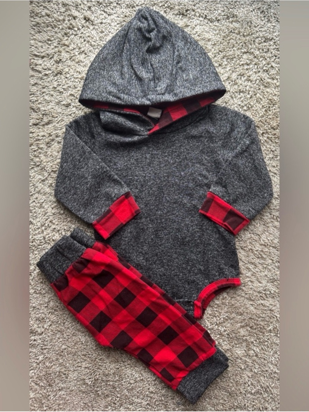 Baby Buffalo Plaid Hooded Romper & Pants Set Gray Red 2 Piece Outfit Size 6-9M